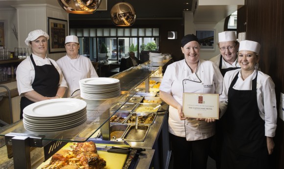 Irish Carvery.  Veronica Lavelle, Angela Sheridan, Ann Jennings, Linda Tackney and Oksana Zemaitiene, proud staff members of the Courtyard Bistro pictured with their award after been named Best Hotel in Connacht at the Great Carvery of the Year Awards in Dublin. Pic: Michael McLaughlin