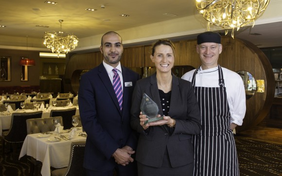 Secret Supper. Hakim Elhouh Restaurant Superviser, Julie Mc Namara Restaurant Manager, Xavier Blondel Head Chef, Restaurant Merlot pictured with their award for No 1 Restaurant in Westport at the recent Secret Supper event, part of the Westport Food Festival. Pic: Michael McLaughlin
